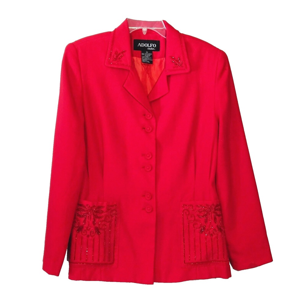 Adolfo‎ Atelier Women's Red Beaded Blazer 12 Bust 40" Holiday Valentine's Day